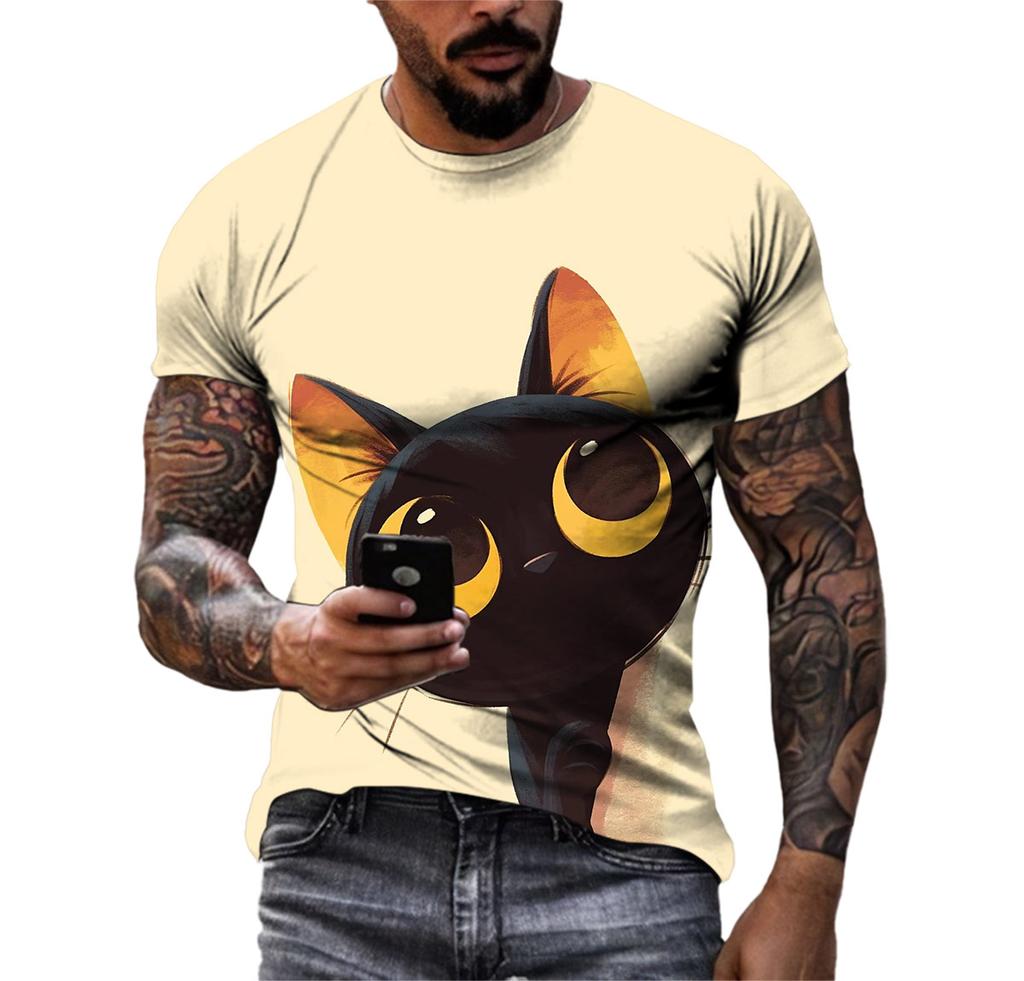 Summer Fashion Casual Cartoon Cat Graphic T-shirt For Men New Funny Anime Pattern 3D Digital Printing Round Neck Harajuku Tees