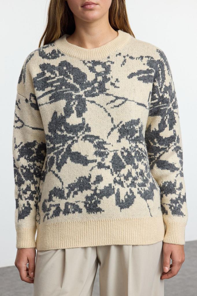 Женский модный стильный свитер, мягкий текстурированный трикотаж с цветочным принтом, свитер