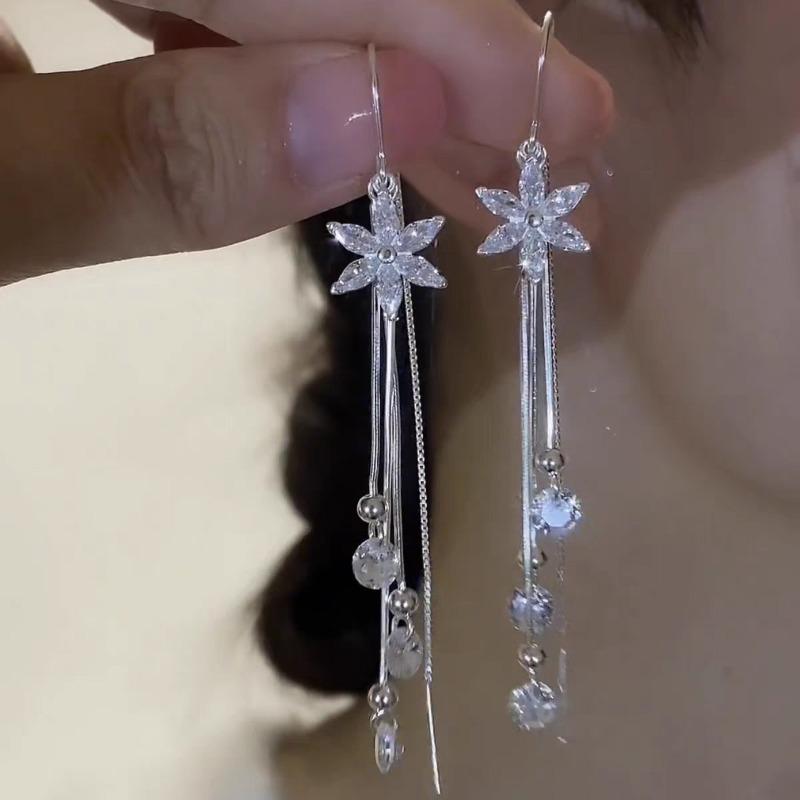 Long Pearl Threader Earrings for Women Gold Silver Flower Cubic Zirconia Dangle Earrings Tassel Chain Earrings Bride Bridesmaid Wedding Prom Jewelry