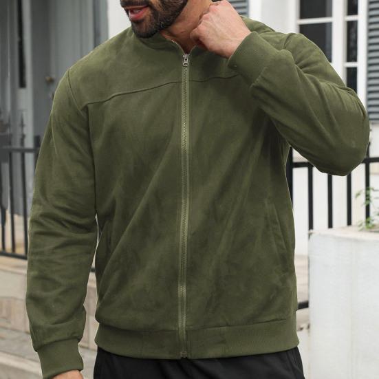 Men Suede Jacket Stand Collar Long Sleeve Zipper Placket Coat with Side Pockets Solid Color Loose Fit Ribbed Cuffs Hem Outwear
