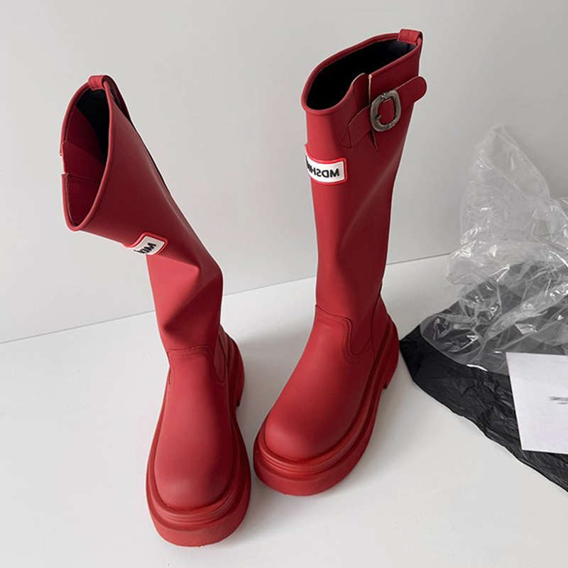 Thick-soled Non-slip Tall Red Rain Boots Outdoor Camping Rain Shoes But Knee Travel Boots Knight Boots