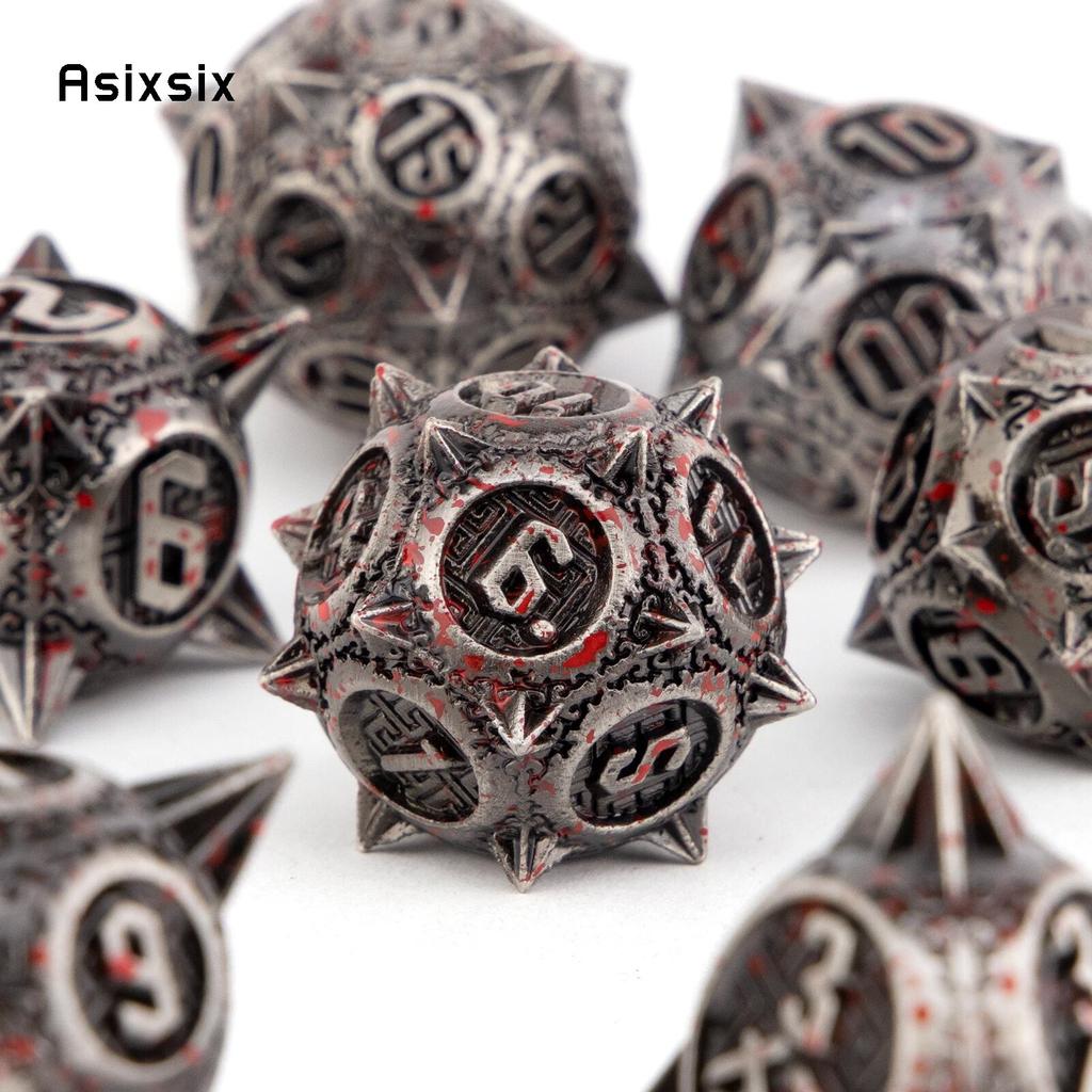7 Pcs Silver Red Meteor Hammer Metal Dice Solid Metal Polyhedral Dice Set Suitable for Role-Playing RPG  Board Game Card Game