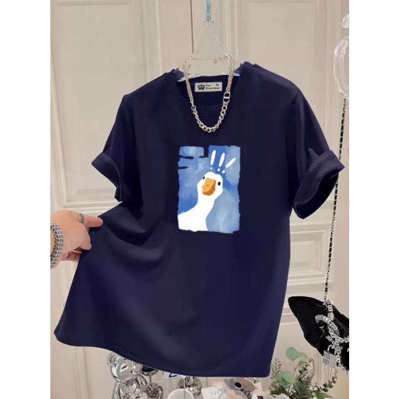 Cartoon Printed Short-sleeved T-shirt for Women In Summer New Fashionable Age-reducing Large-shoulder Pure Cotton Top