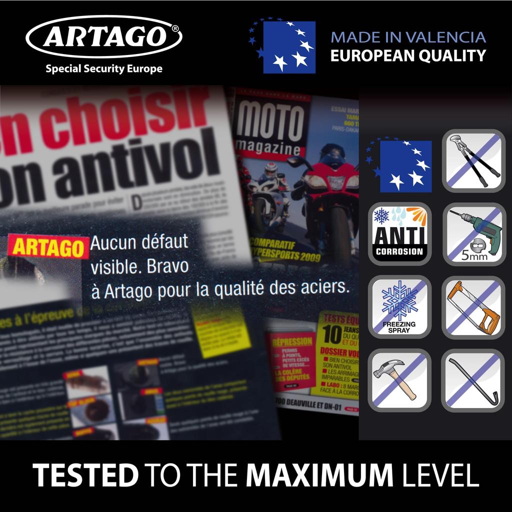 Artago Motorcycle Disc Lock Free Transport 4 Steel Ball Locking High Wheel Brake Disc Lock for and Motos 562-I High-End + Holder, System, Chrome,