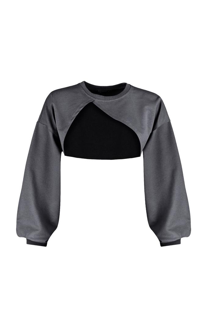 Women's Fashion Stylish Sweatshirt Black Asymmetrical Super Crop Crew Neck Thin Knitted Sweatshirt