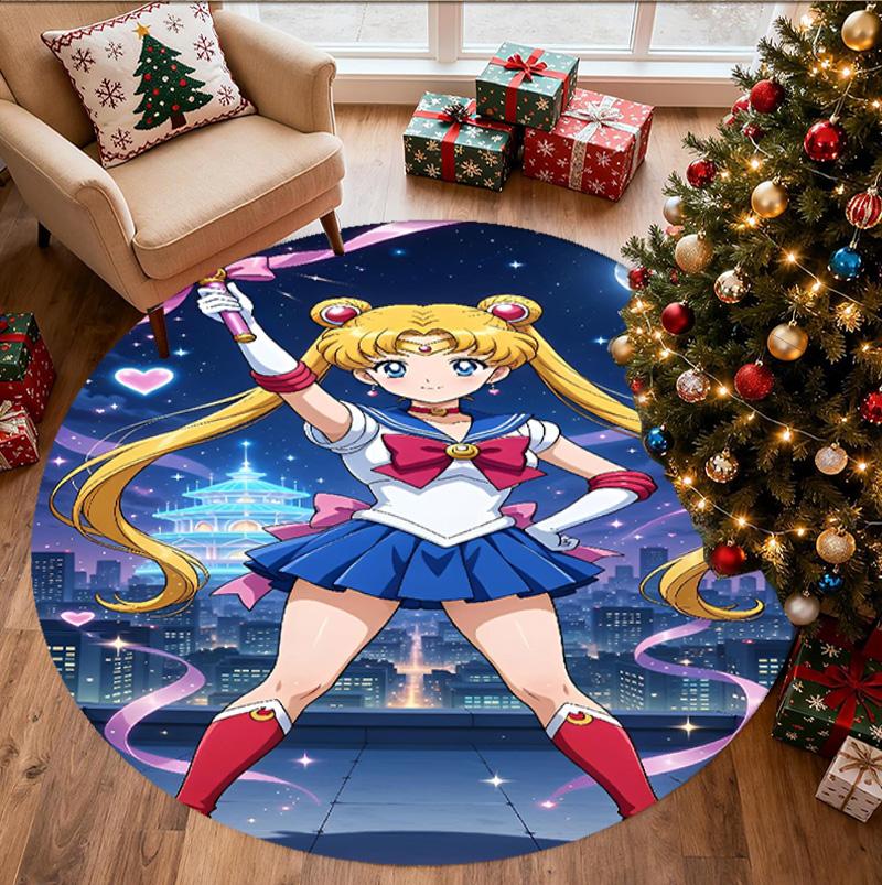 Sailor Moon Pattern Round Rug, Indoor/Outdoor Mat, for Picnic, Gameroom, Bedroom, Office, Living Room, Home Decor Carpet, Birthday Gift