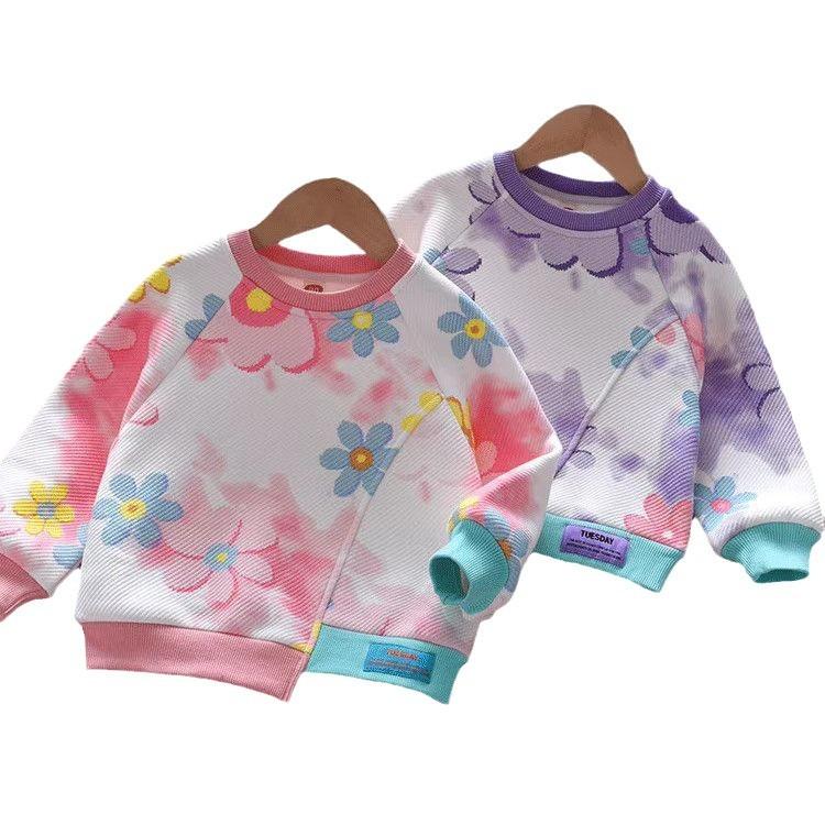 Girls Floral Gradient Long Sleeve Sweatshirt Spring Autumn Casual Korean Baby Top