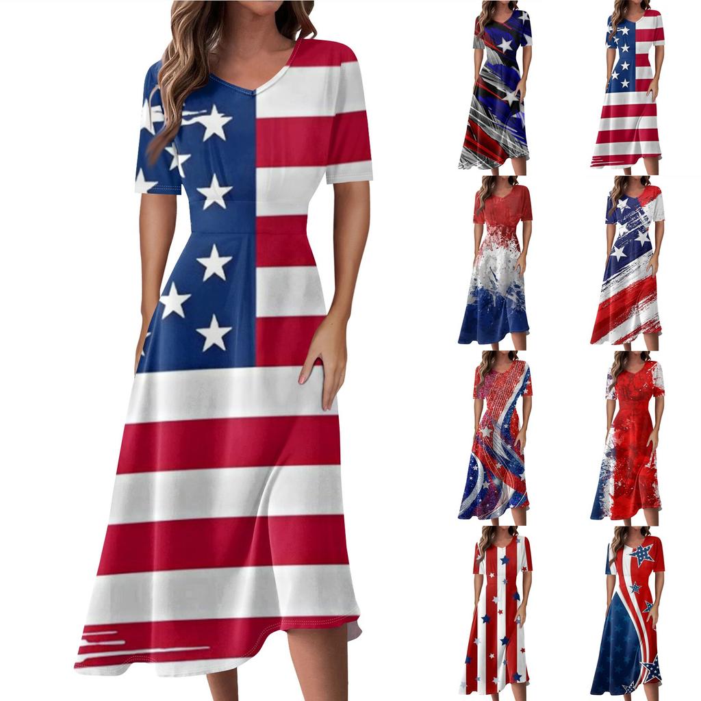 Ladies Casual Fashion Print V-Neck Short Sleeve Waist Long Swing Dress