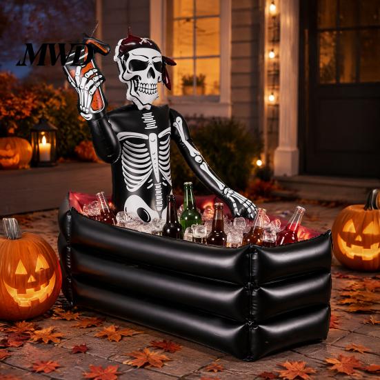 Leakproof Drink Cooler for Events Halloween Inflatable Skull Ice Bucket, Pirate Skeleton Party, Party Decorations Yard Thickened PVC Portable Beverage