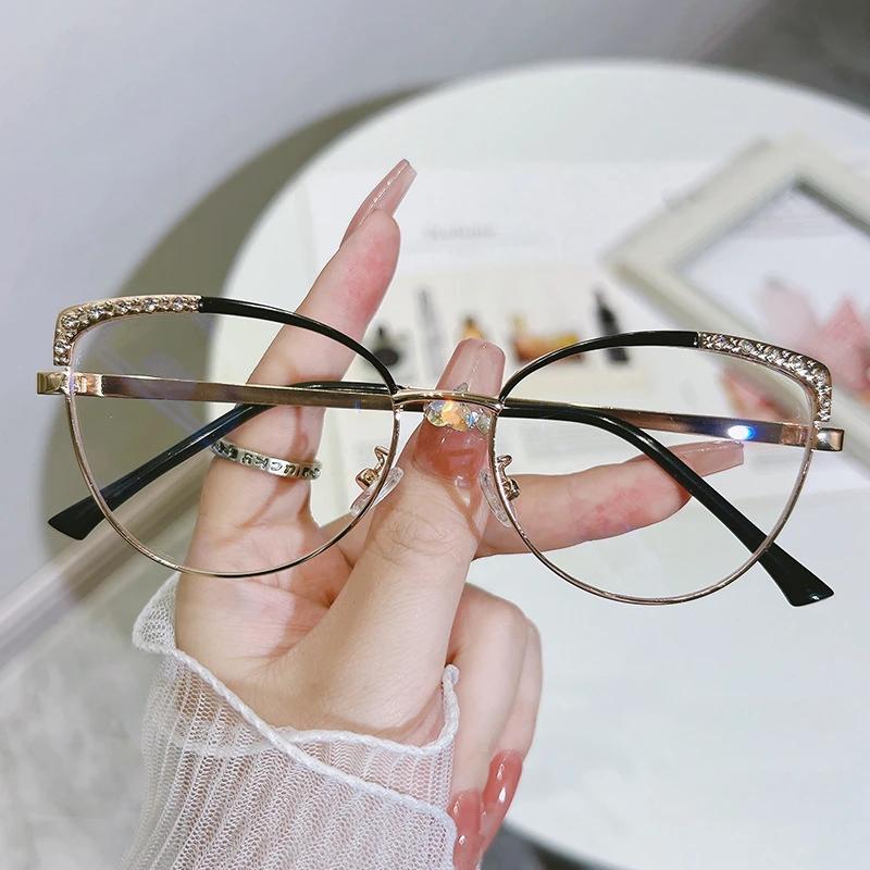 Fashion New Cat Eye Diamond Metal Women's Glasses Anti Blue Light Glasses with Rhinestone Metal Frame Transparent Computer Flat Glasses
