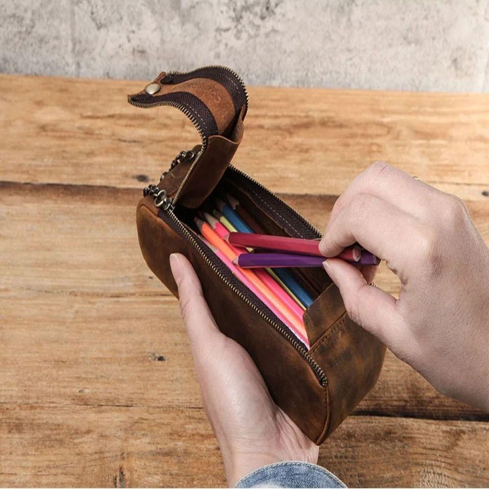 Leather Pen Pouch Holder Large Capacity Desktop Organizer Retro Zipper Pen Pencil Case  Stationary