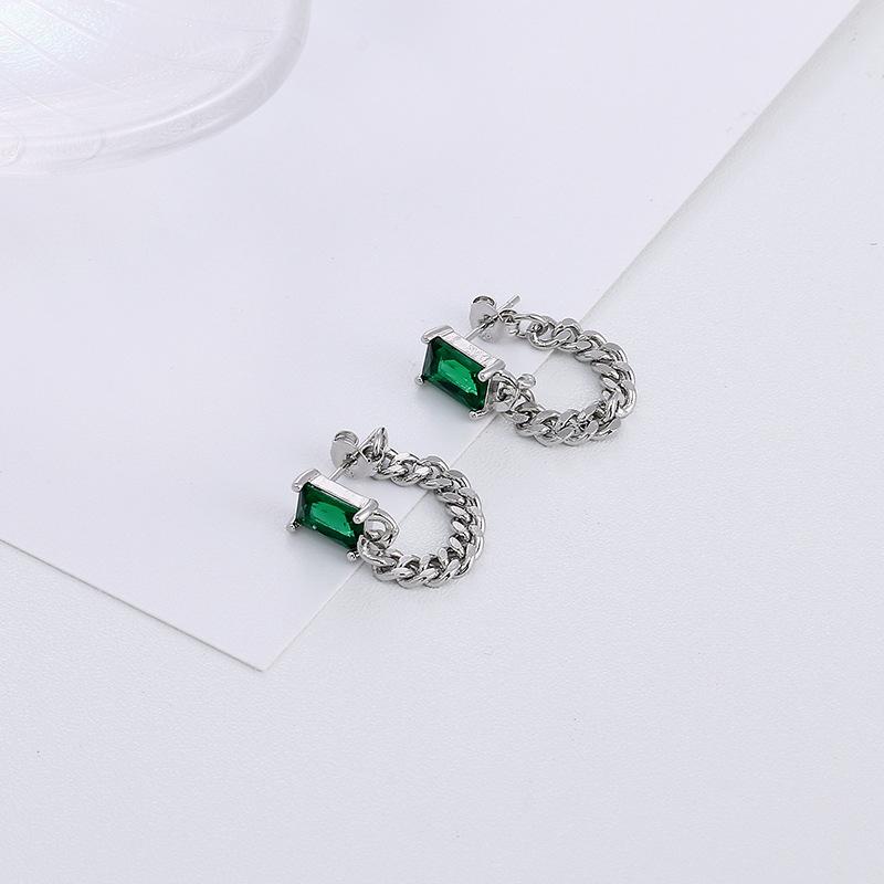Flash Diamond Square Diamond Stud Earrings Long Fashionable Retro Thai Silver Antique Texture Atmospheric Emerald Chain Earrings Rear Hanging Type