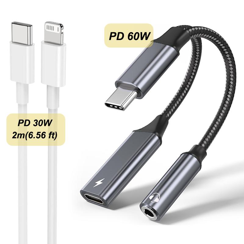 Аудиоадаптер Type C 2 в 1, PD 60 Вт, быстрая зарядка, USB C на 3,5 мм Jack, для 15/16 Samsung Huawei