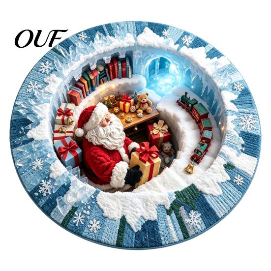 Winter Holiday Floor Covering 3D Optical Illusion Round Christmas Rug, Cute Santa Claus Crystal Velvet Mat, Mat Vivid Printed Circular Carpet