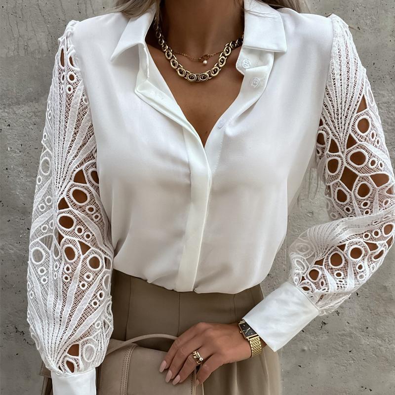 Womens Elegant V Neck Long Sleeve Blouse Shirt Floral Lace Patchwork Lady Tops