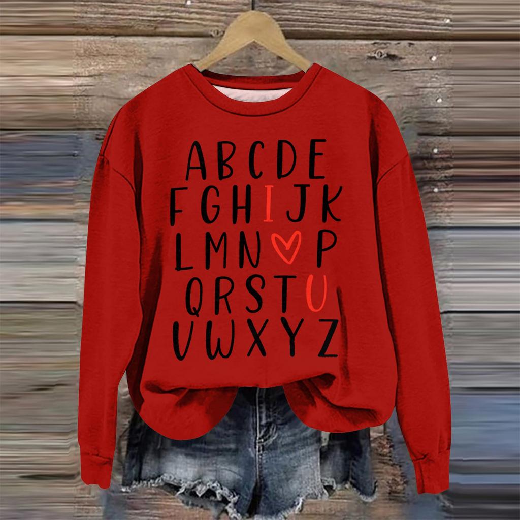 Женская мода День святого Валентина Печатный длинный рукав свободный круглый вырез толстовка Топ осень