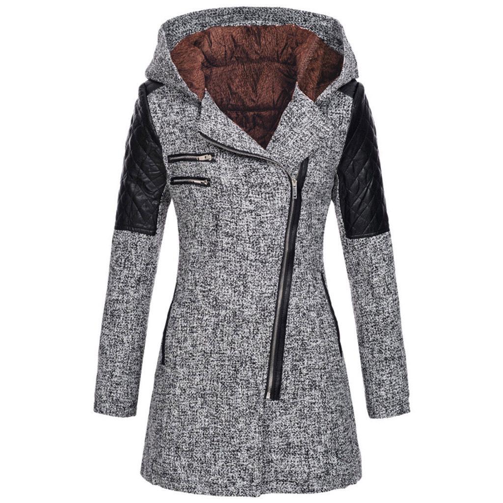 Women's Mid-Length Woolen Hooded Windbreaker with Oblique Zipper - Warm Winter Coat