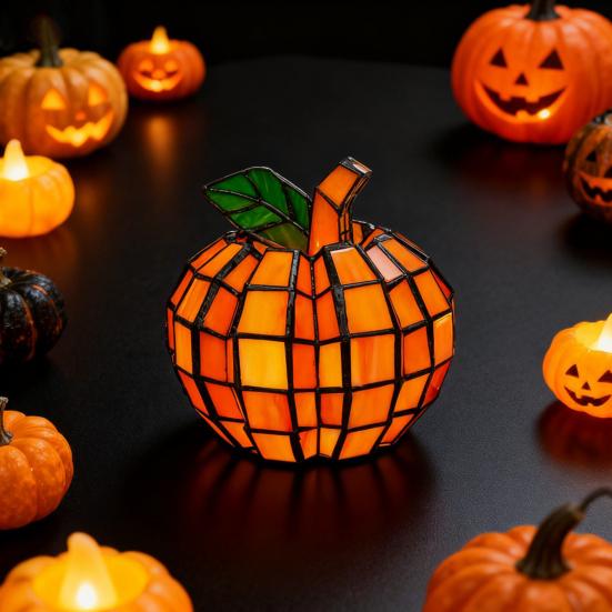 Юшенг Витражный Тыквенный Фонарь Ручной Работы Хэллоуин Тыквенная Лампа Звездная Ночь Стеклянный Декор Для Помещений Осеннее Украшение