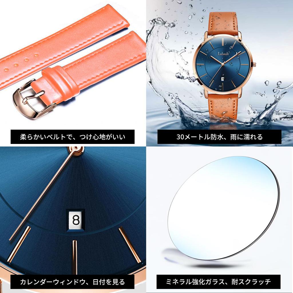 Ultra Thin Simple Casual Business Japanese Quartz 40mm Genuine Leather Unisex Band Rose Gold Blue Men's Watch, 6.5MM, Fashion, Watch, Movement, Dial,