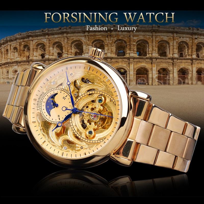 Forsining Мужская мода, отдых, полая луна и механические часы с полой поверхностью