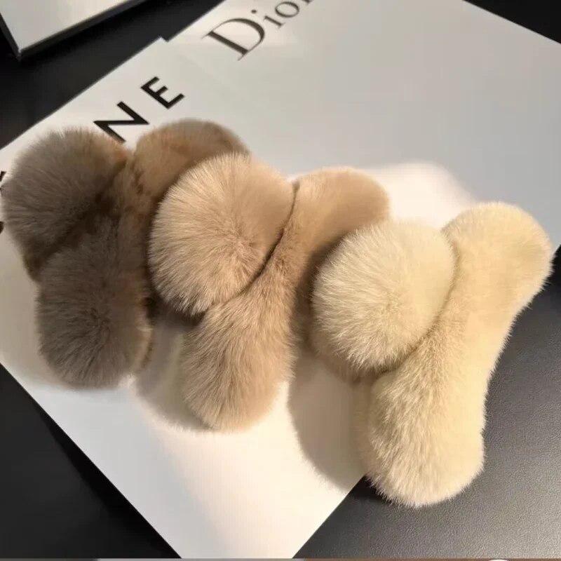 Зимние заколки для волос кролика с когтями. Удобные большие заколки для волос. Красивые однотонные заколки из кроличьей шерсти. Модные головные уборы.