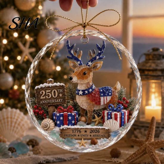 Crystal Texture Gift Tag 250 Anniversary USA Sea Glass Christmas Ornament, 1776-2026 Patriotic Faux Red Blue Festive Accents Clear Keepsake,