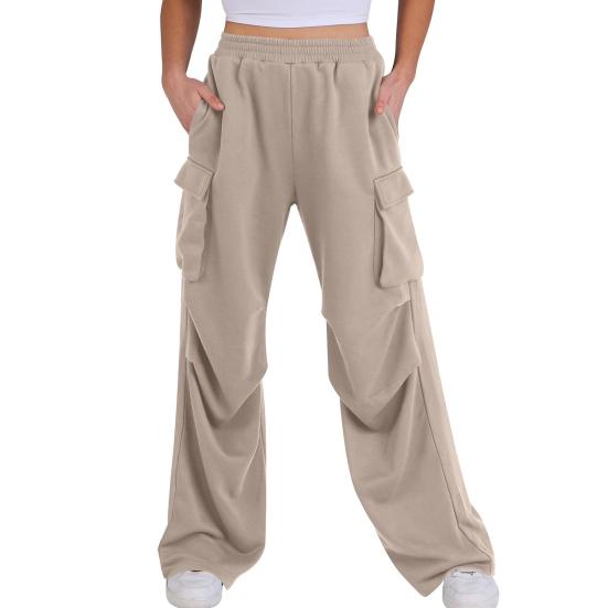 Women Cargo Pants Elastic Waist Mid-rise Straight Wide Leg Sweatpants with Multi Pockets Solid Color Casual Jogging Pants Loose Lounge Pants