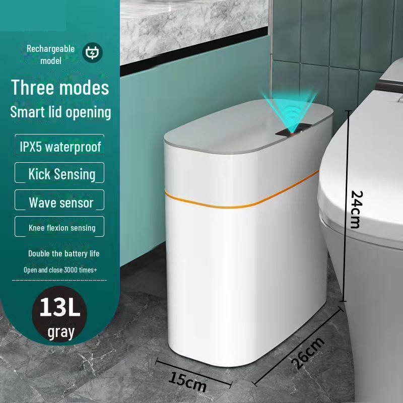 Luxury Smart Induction Trash Can with Automatic Lid: Narrow Electric Wastebasket for Bathroom and Toilet Paper Storage.