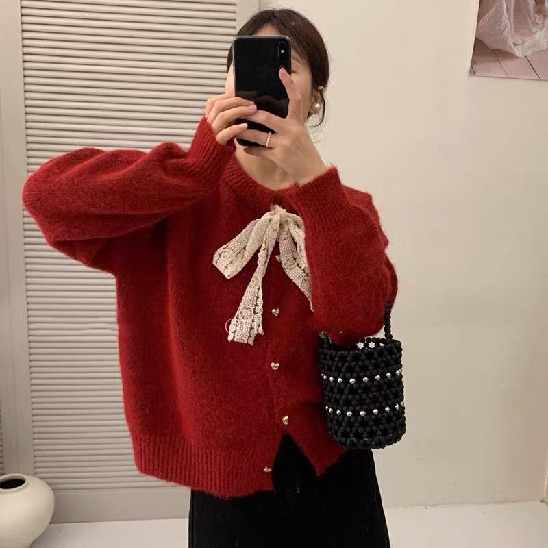 Korean Style Lace-Up Round Neck Sweater Coat - Women's Autumn/Winter Loose-Fit Knitted Cardigan