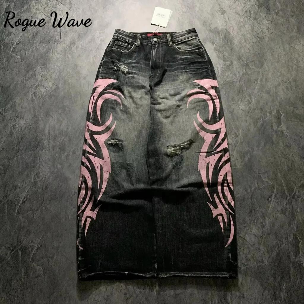 RogueWave Y2K Pink Baggy Jeans Vintage Printing Pattern Washed Ripped Jeans Hip Hop Streetwear Harajuku Men Women Casual Wide Leg Jeans