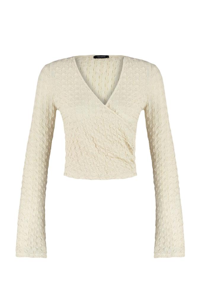 Женская стильная блузка Бежевая укороченная трикотажная блузка из фактурной ткани премиум-класса с вырезом обычного размера