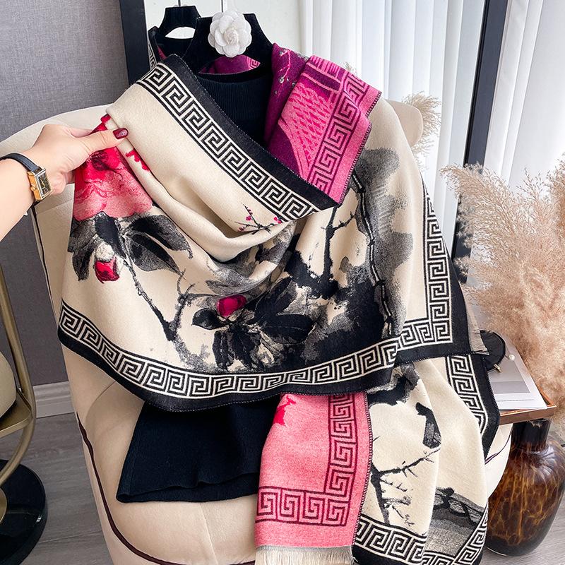Autumn And Winter Imitation Cashmere Plum Blossom Retro Ink Style Texture Printing Double-Sided Warm Scarf Shawl