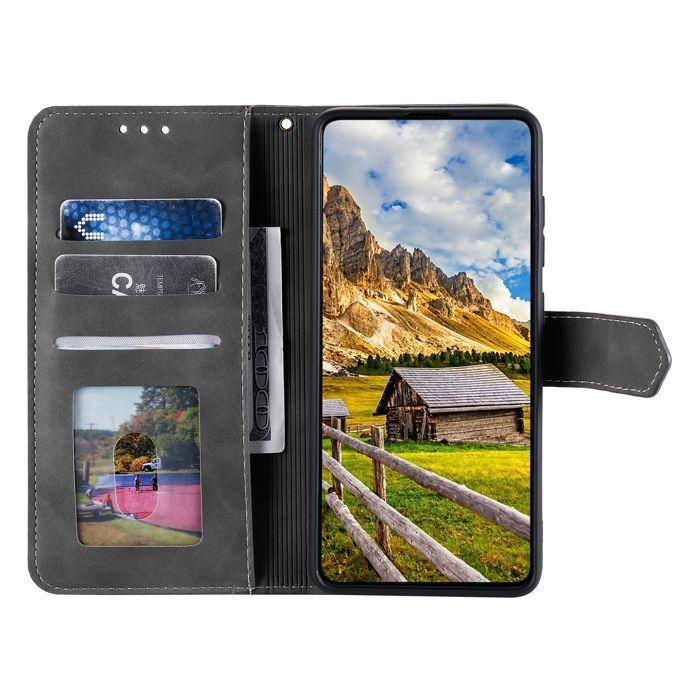 Étui portefeuille pour Samsung Galaxy A17 (4G &amp; 5G) - Coque rabat - Cuir synthétique - 3 fentes cartes - Support intégré - Gris-Noir