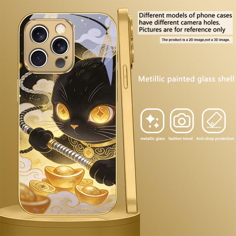 Мощный Черный Кот Для iPhone 17 Air 16E 15 PRO 14 13 Plus 12 mini 11 17 Pro Max XR 16 17Pro Max 15Pro Золотой стеклянный чехол для телефона