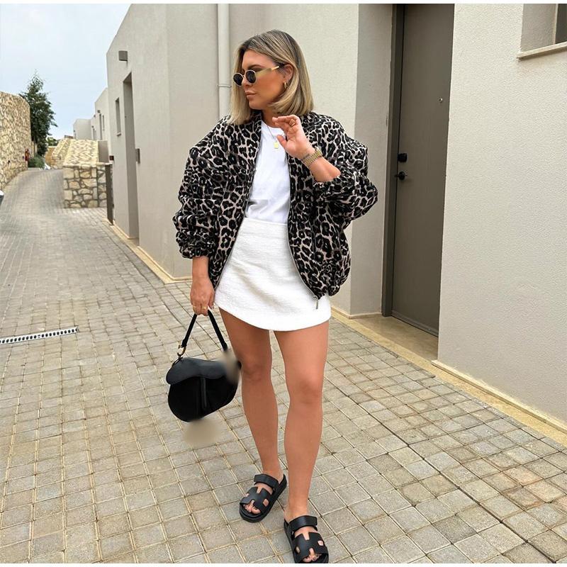 Fashion Leopard Zipper Long Sleeved Women's Jacket Retro Round Neck Street Casual Outwears Female Autumn Commute Coat