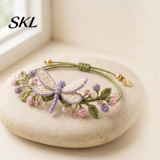 Handmade Bracelet Kit DIY Nature-Inspired Crochet Kit, 3D Animals Plants Hand-Crocheted Jewelry Gift Set Flower Maple Dragonfly Butterfly Making Set,