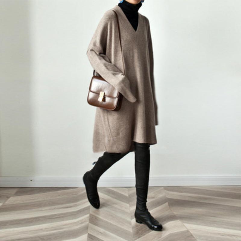 Autumn and Winter Women's V-neck Knit Sweater Mid-length Loose Sweater Pullover Sweater Dress