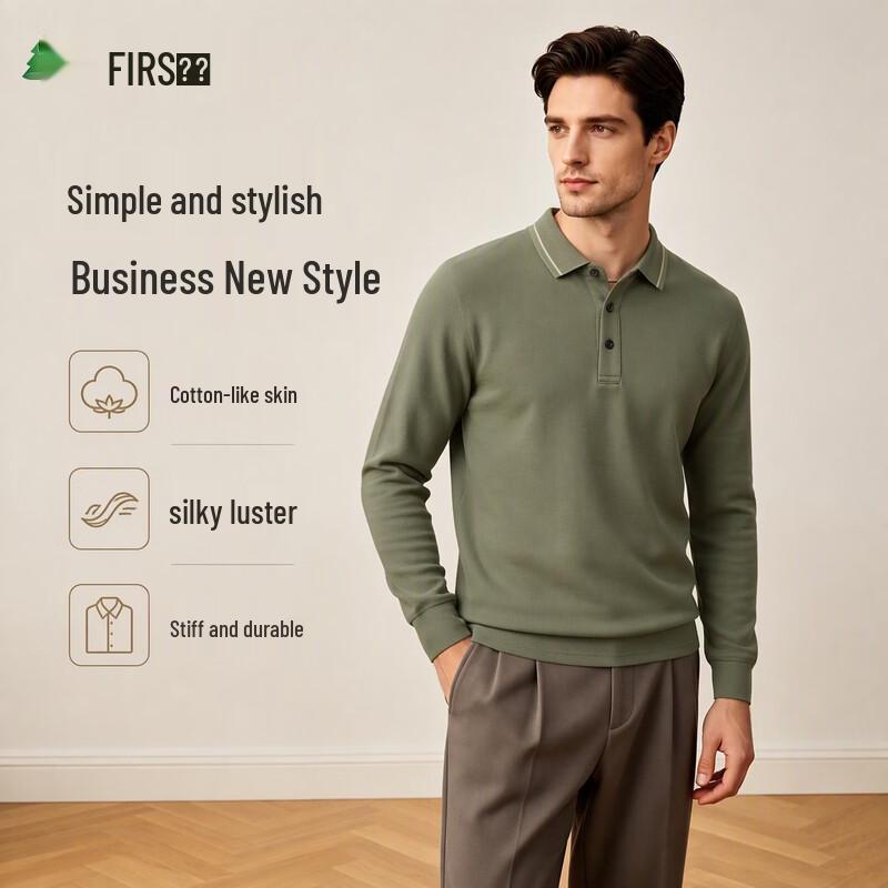 FIRS Men's Cotton-Silk Blend Long Sleeve Business Casual Polo Shirt