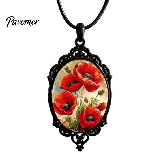 Причудливые аксессуары для вечеринки в саду Овальное цветочное подвесное ожерелье, Винтажное стекло-купол Роза Ретро Черный металл Украшение Регулируемый шнур для женщин