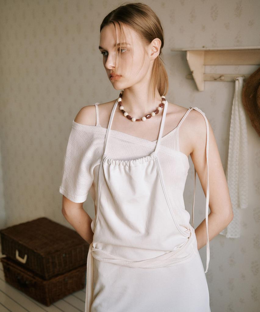 Auro Tie Up Layered Jersey One Piece Dress [ Cream ]
