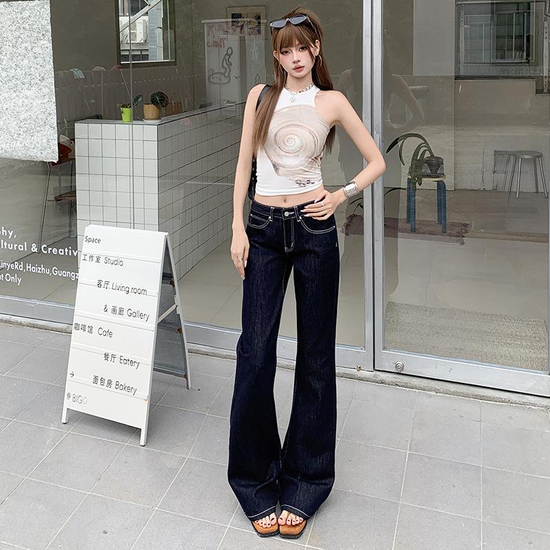 Denim Blue Low Waist Slightly Pulled Jeans Women's Autumn New Loose and Skinny Not Sticky Legs Wide Leg Flared Pants