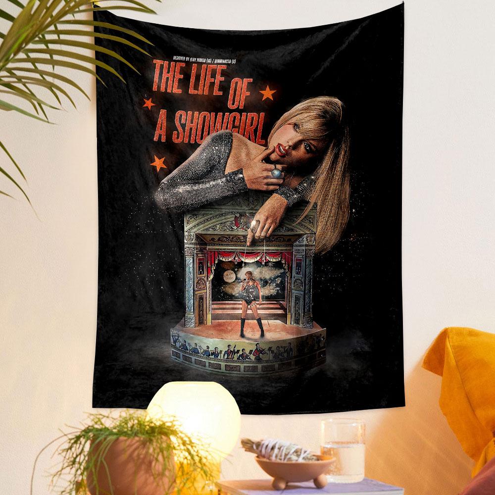 A showgirl-themed artistic collage featuring a large figure and stage. Patterned tapestry for bedroom and living room home decor