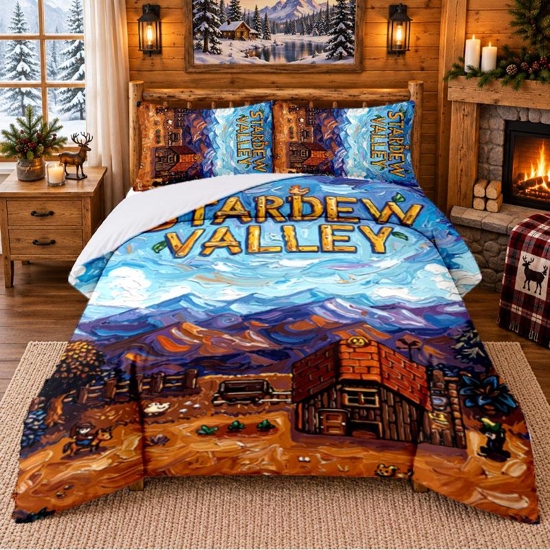 Stardew Valley Pattern Bedding 3Pcs Set Bed Sheet And Pillowcases For Indoor Bedroom