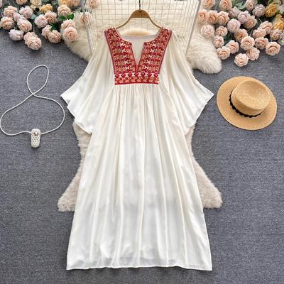 Женские платья Новое поступление V-образный вырез вышитый воланами край длинный расклешенный рукав платье осеннее женское платье