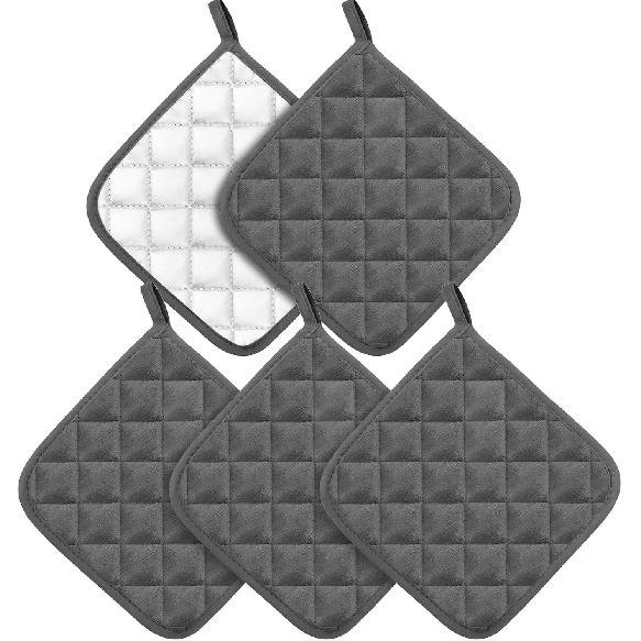 5 Pack Pot Holders for Kitchen Heavy Duty Hot Pads, Hot Pads for Kitchen,8 Inch Square Potholders for Cooking, Baking & Grilling (Black)