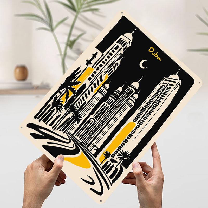 Dubai Skyline At Night Tinplate Poster Custom Wall Art Vintage Metal Signs Retro Tin Plaque for Room Ornaments Home Decor Items