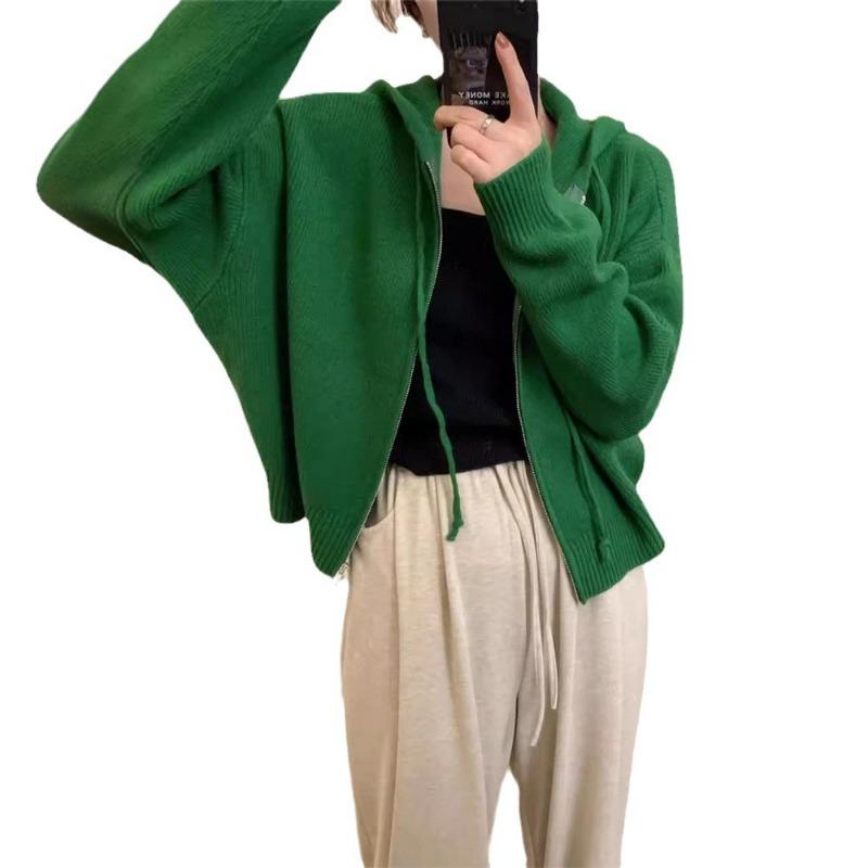 Однотонный вязаный кардиган с капюшоном на двойной молнии, женский осенне-зимний, новый, свободный, повседневный, простой свитер-куртка