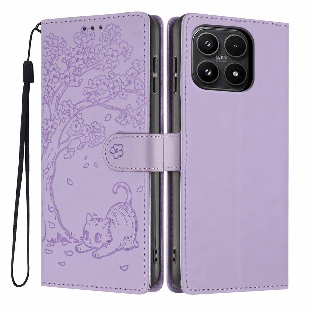 For Xiaomi 17 Stand Case Tree-and-Cat Pattern PU Leather Wallet Protective Phone Cover with Wrist Strap
