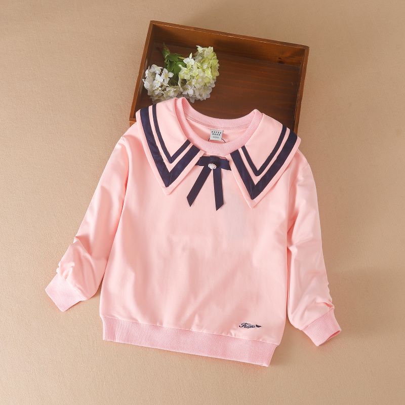 Детский свитшот с отложным воротником в консервативном стиле для девочек, весенне-осенняя рубашка-поло, детская хлопковая осенняя детская рубашка с бантом для маленьких девочек, одежда с длинными рукавами