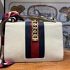 [Pre-Owned] Sylvie Gold Buckle Striped Web Satin Bow Wide Shoulder Strap Leather Handbag - Good #1PQFJDM